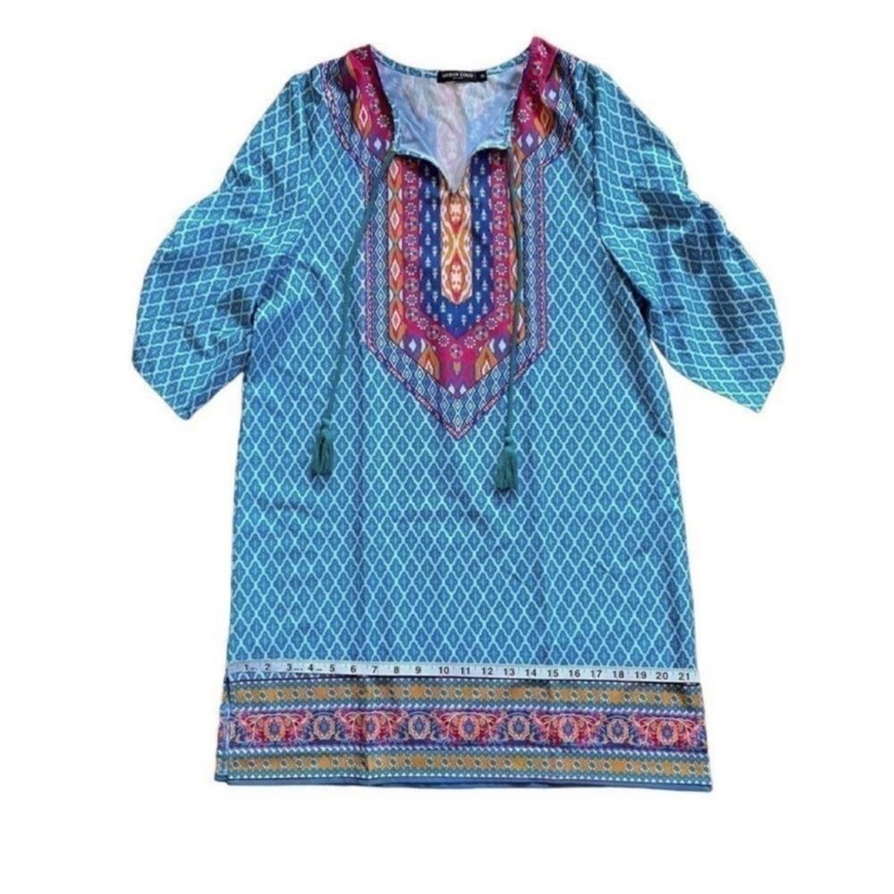 Urban Coco Blue Multicolor Ruche Sleeve Swim Coverup Dress with Tassels Medium - Picture 9 of 14